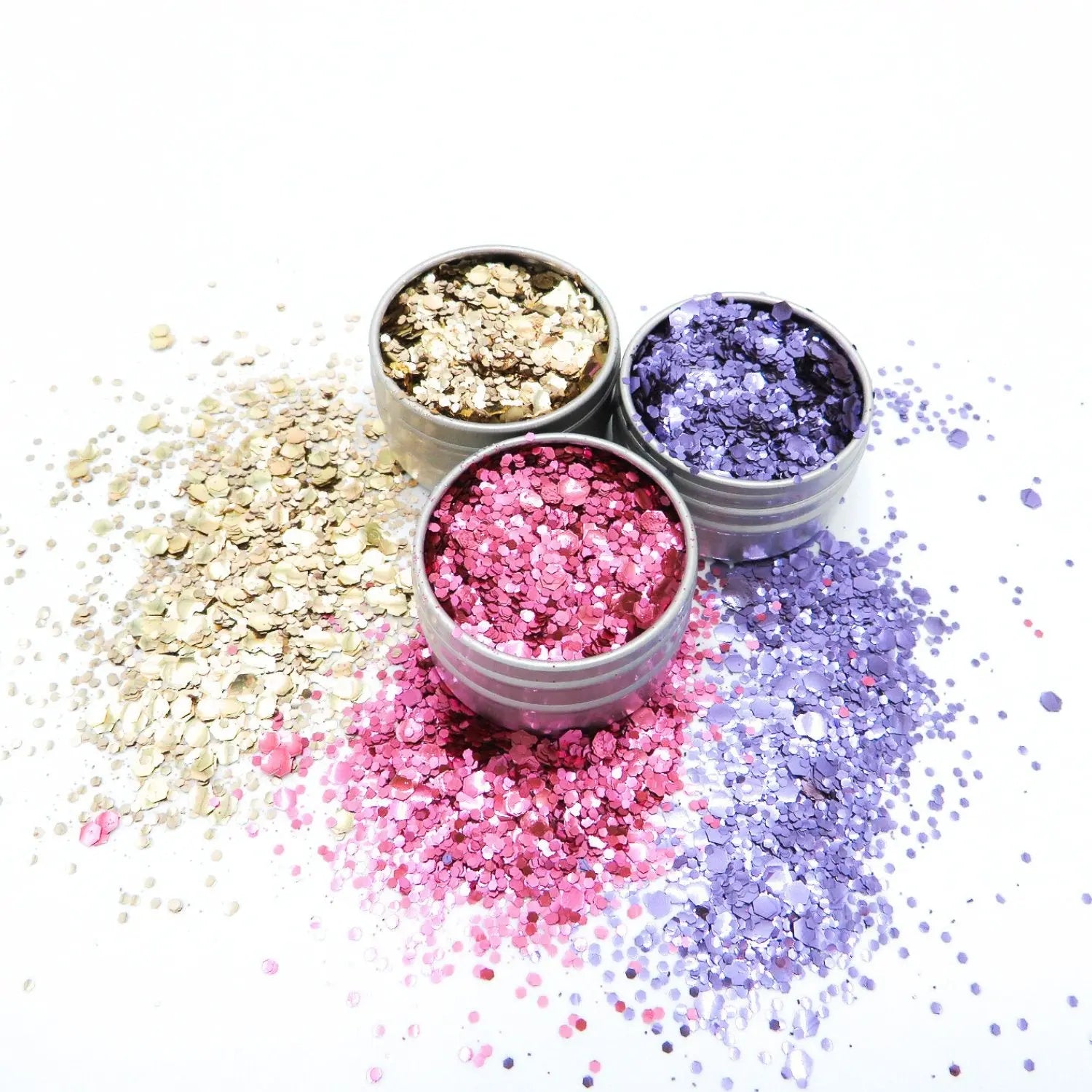 Tropic like it's hot biodegradable glitter gift set with three glitters, a hot pink makeup brush and aloe vera application gel