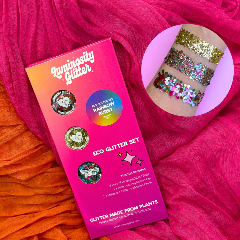 Rainbow burst eco glitter gift set filled with three eco glitters in 6 gram aluminium pots, an application brush and aloe vera application gel. Beautifully boxed in our bright packaging.