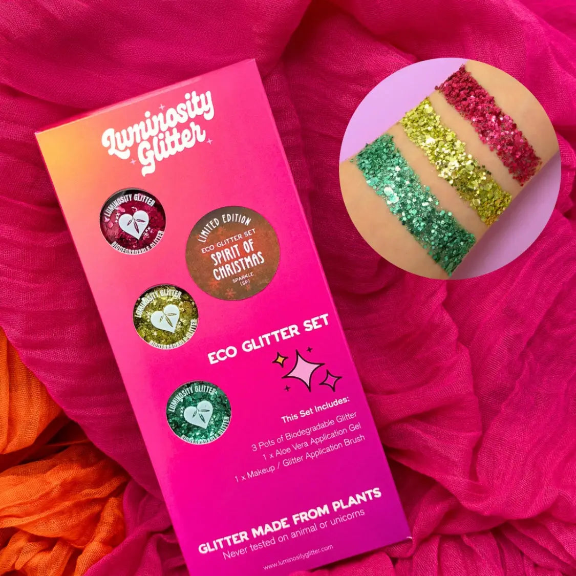 Spirit of christmas eco friendly glitter box set is beautifully packaged in bright ombre packaging and it includes a red blend, gold blend and green blend of eco friendly cosmetic glitter.