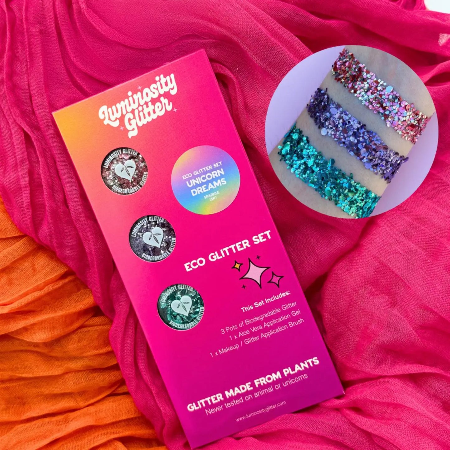 Eco-friendly glitter gift set in pink packaging for festivals and kids