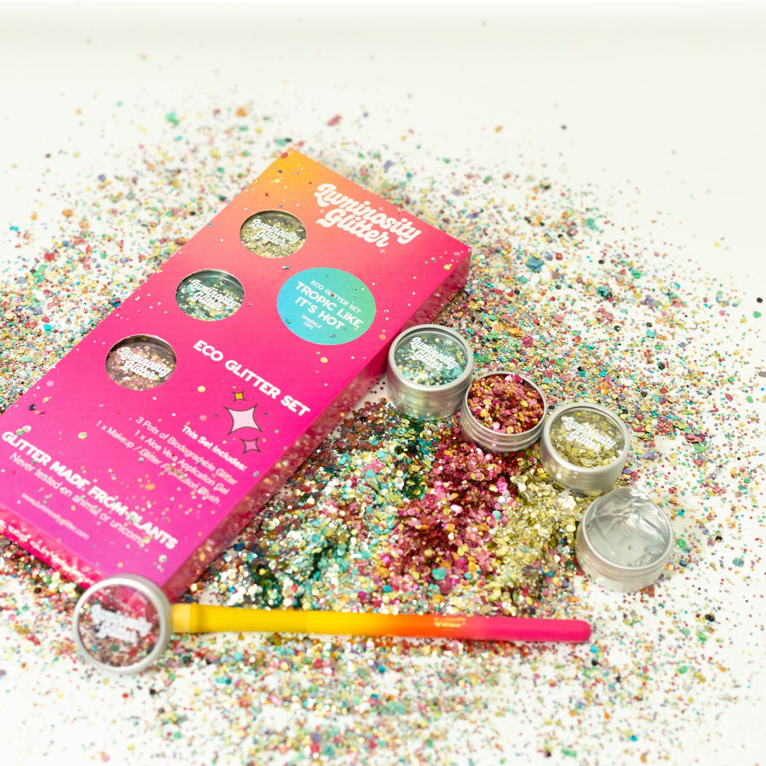 Festival glitter sets by Luminosity Glitter. Suitable for use on your face, body, hair and nails. Each set comes with a 10ml aloe vera application gel and full sized makeup brush to apply your sparkle.