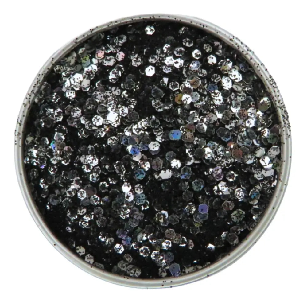 Moonlight wish is a cosmetic glitter blend made with holographic silver glitter and black super fine glitter. Mixed together in a 6 gram aluminium pot.