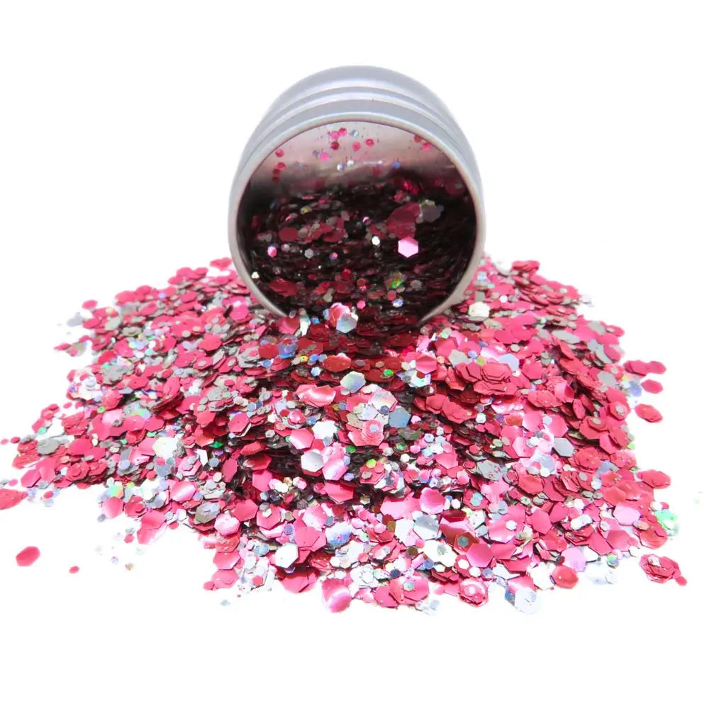 Pink flamingo blend of holographic silver and rose pink biodegradable glitter in a round 6 gram aluminium tin.