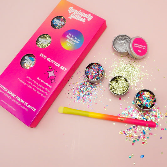 Rainbow pride eco friendly glitter set of rainbow smash, confetti and gold rush blends. Glitter made from plants.