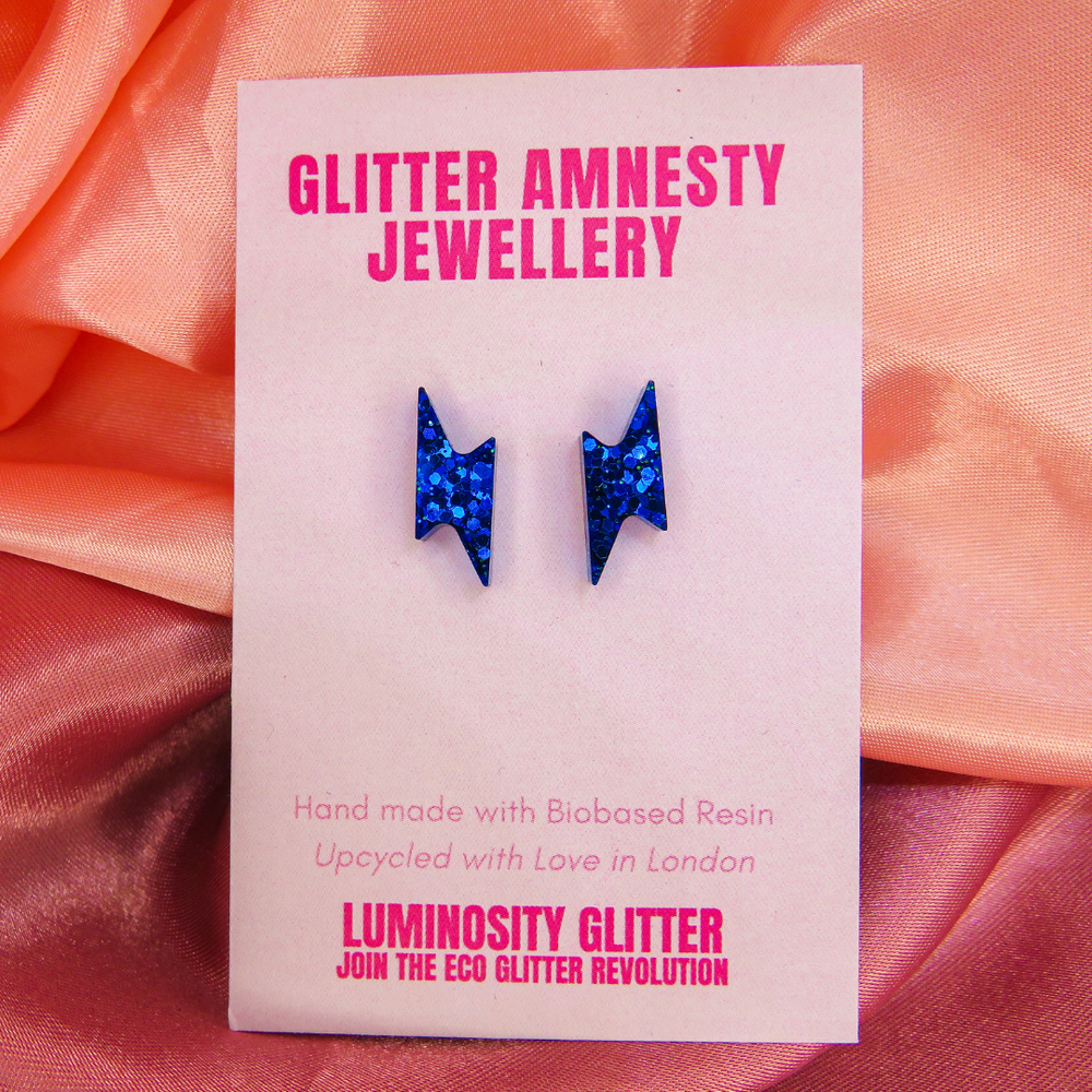 Blue glitter stud earrings by Luminosity Glitter as part of their plastic glitter amnesty