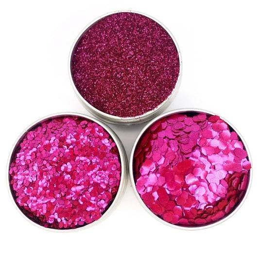 Magenta trio of fine, chunky and super chunky eco friendly cosmetic glitter.