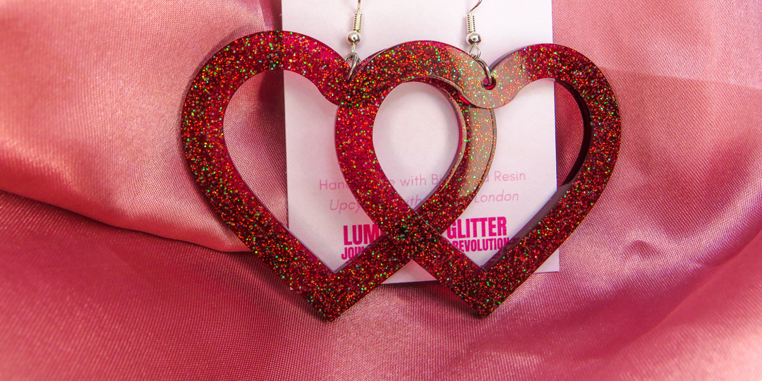 Giant glitter heart earrings by Luminosity Glitter for their glitter amnesty