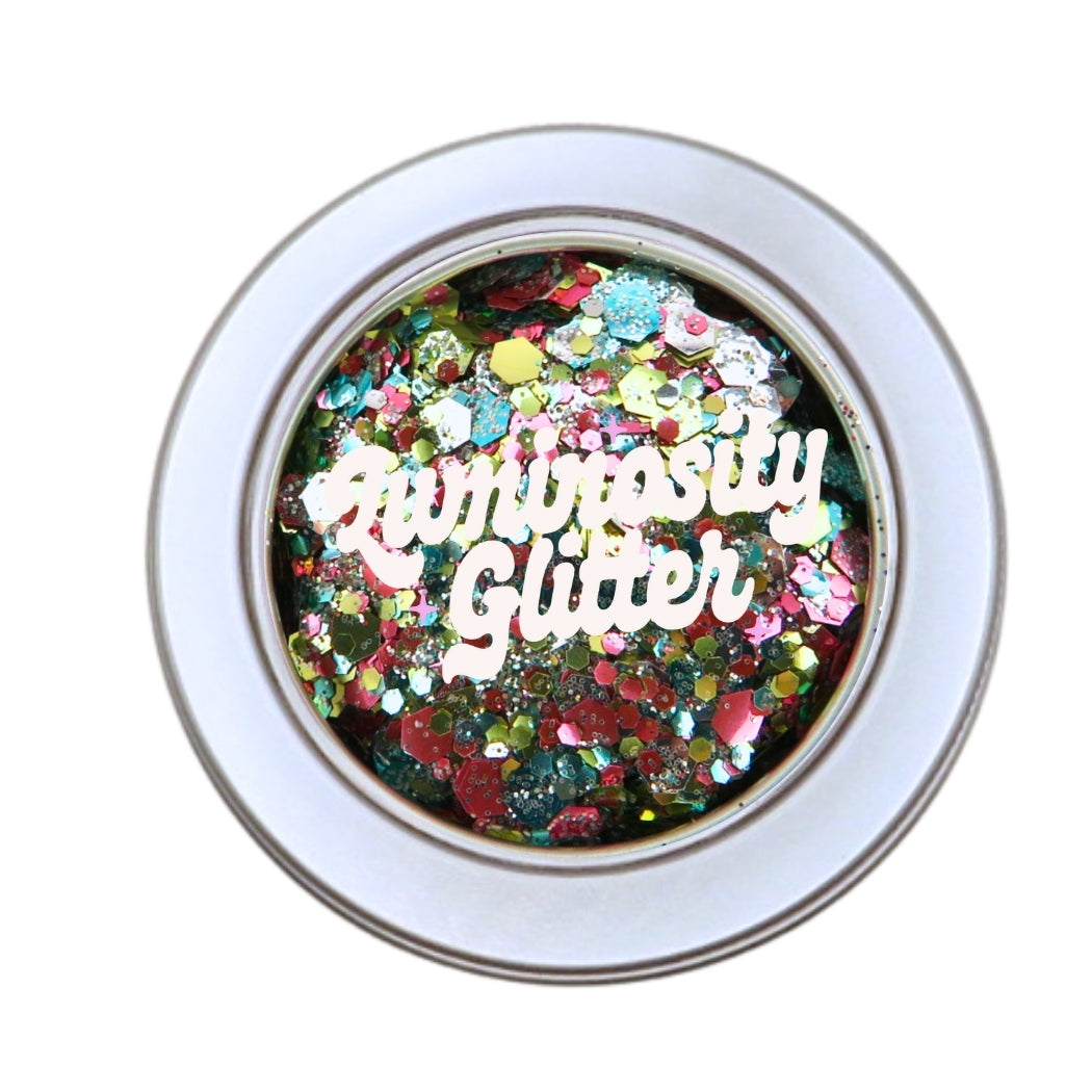 30 gram bulk tin of tropicana eco friendly cosmetic glitter by Luminosity glitter