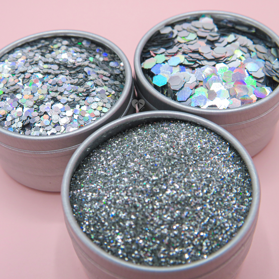 Trio of holographic biodegradable glitter. Fine, chunky and ultra chunky bioglitter holo in aluminium pots