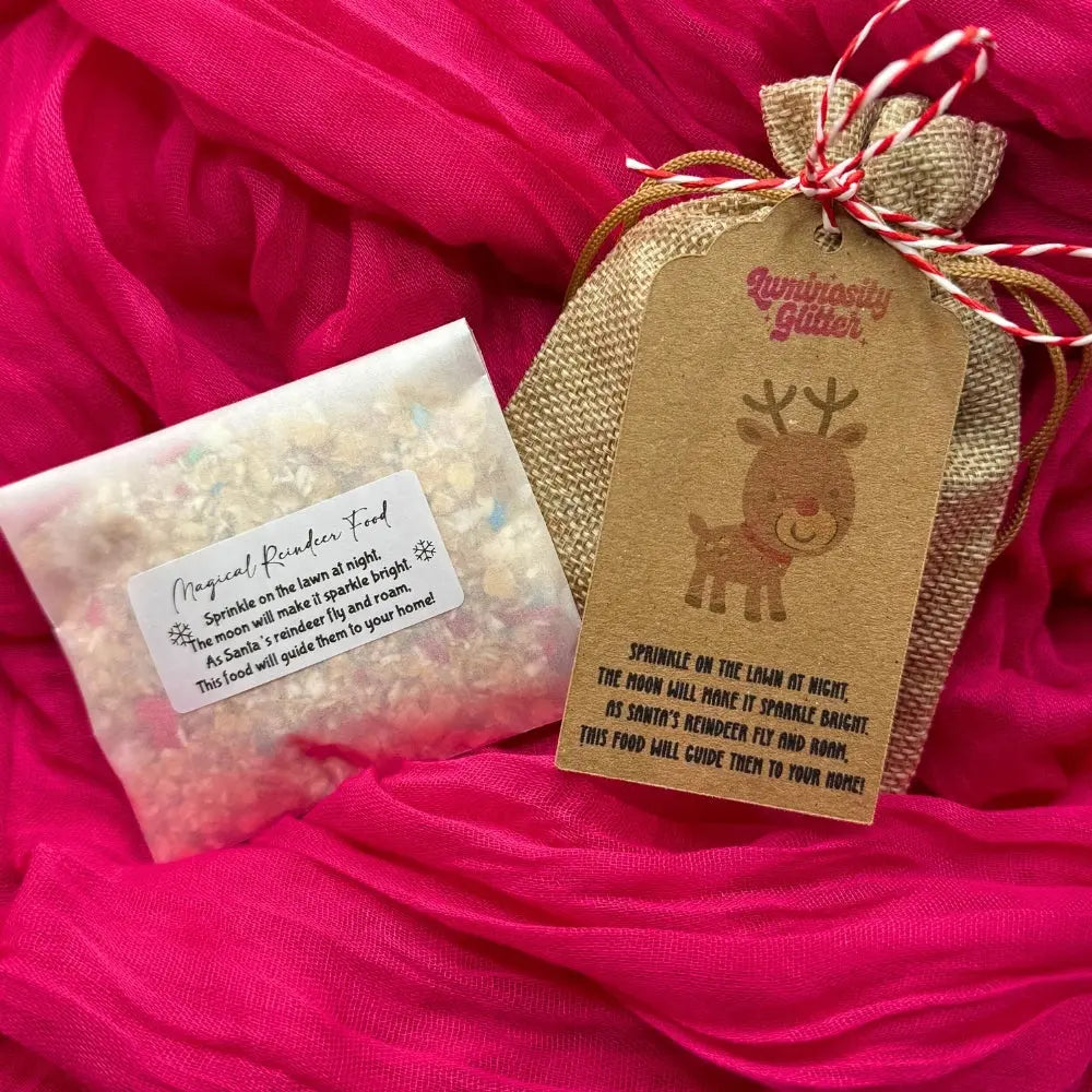 Christmas Eve box reindeer food for children and festive fun. Choose from a hessian gift bag reindeer food or glassine bag.