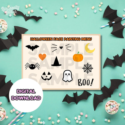 Digital download sheet of a halloween face painting menu with a bat, witches hat, cat nose and whiskers, moon, spider and more spooky icons.