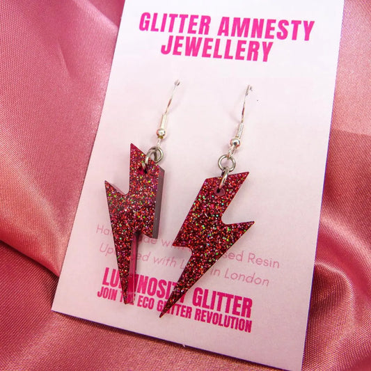 Lightning bolt earrings by Luminosity Glitter. Multi coloured resin earrings made using a sustainable biobased resin.