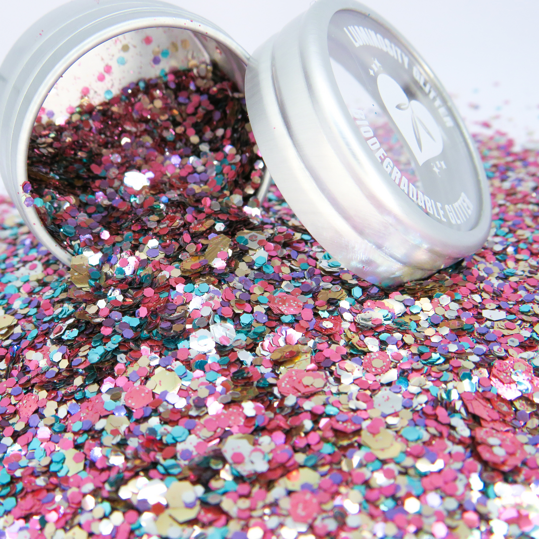 Unicorn biodegradable glitter blend for festivals and glitter body art.