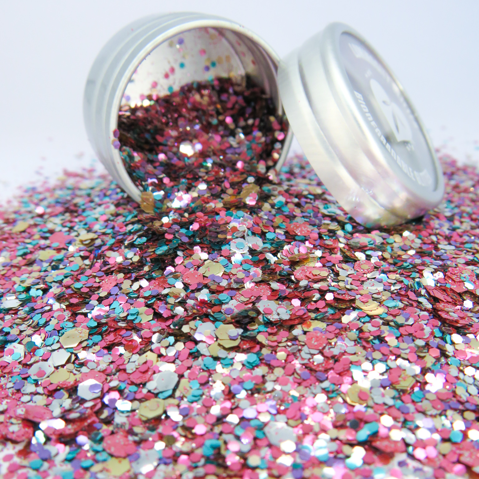 New unicorn blend of rose gold, silver, pink, purple and turquoise glitter in three sizes.