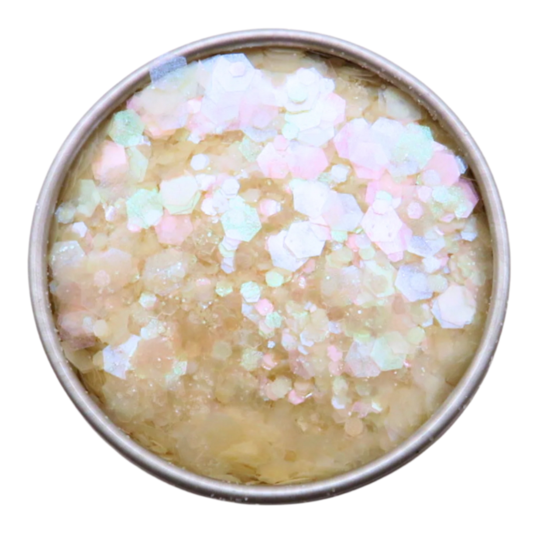 Aurora blend of pink, green and blue iridescent eco friendly glitter in fine, chunky and super chunky sizing.