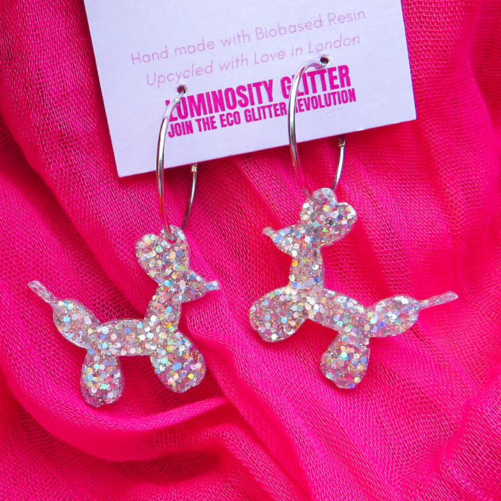 Balloon Dog Glitter Earrings - Silver Holographic