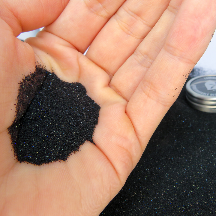 Black micro fine biodegradable cosmetic glitter. Perfect for halloween and black glitter liner.