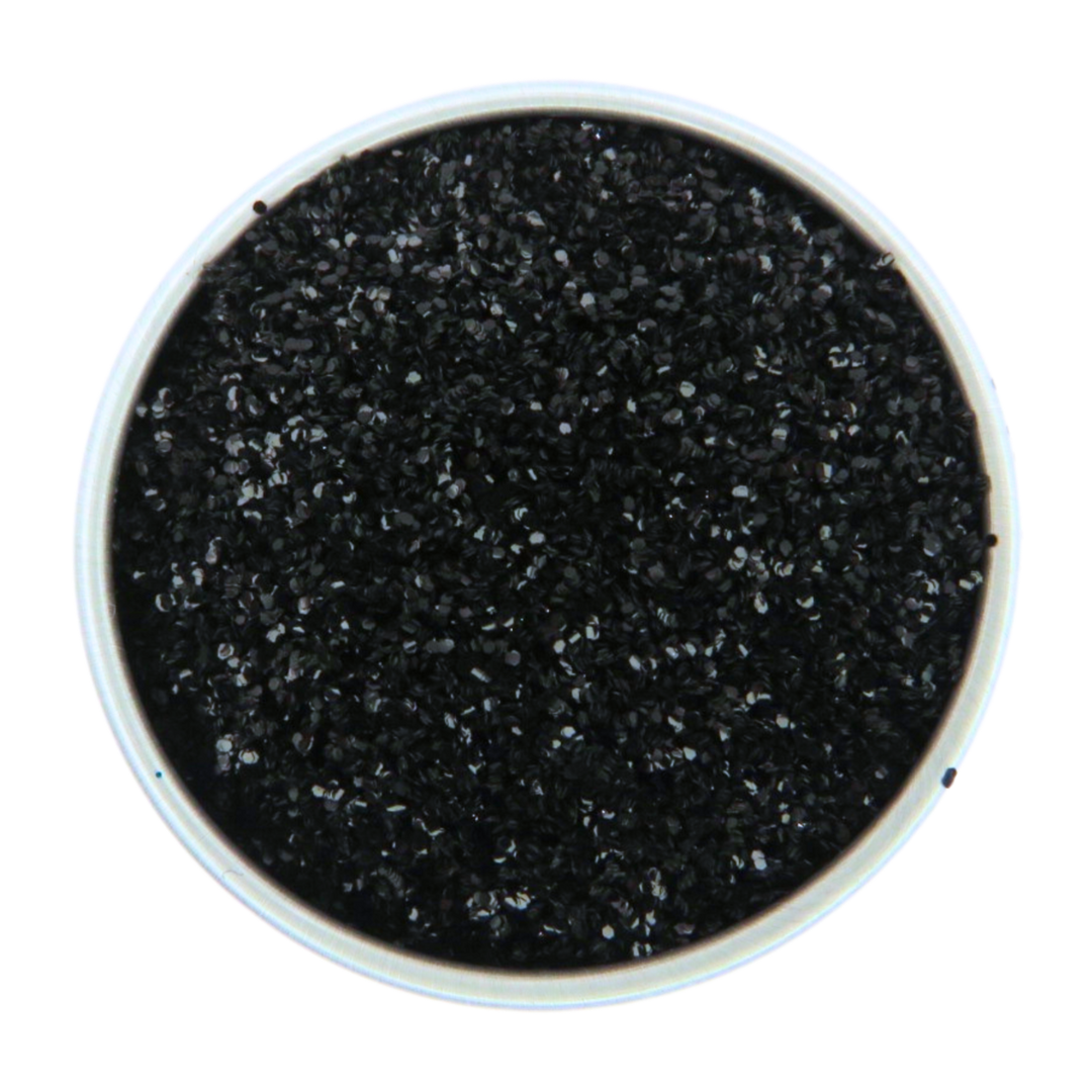 Black standard eco friendly glitter for halloween or spooky bold makeup looks.