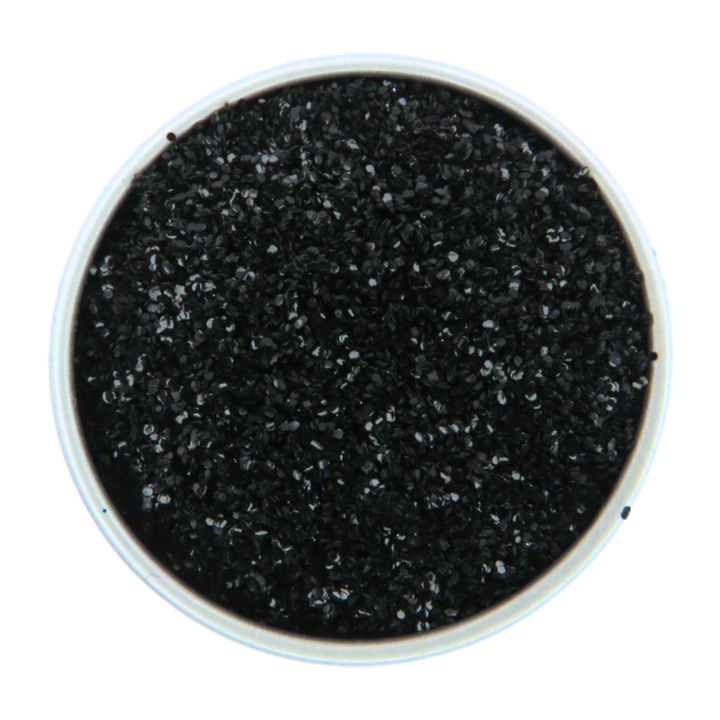 Black standard eco friendly glitter for halloween or spooky bold makeup looks.