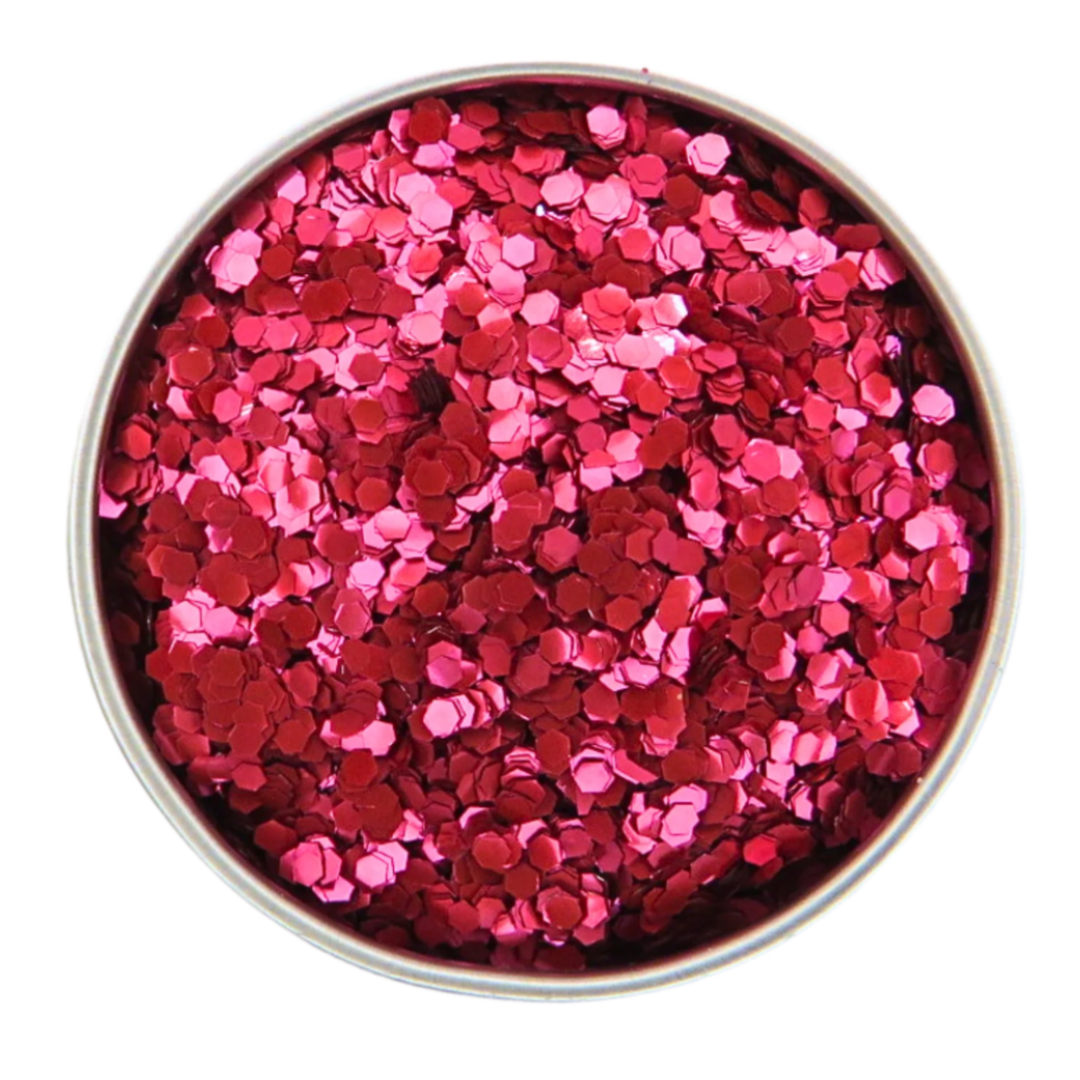 blush red chunky eco glitter in a round aluminium pot.