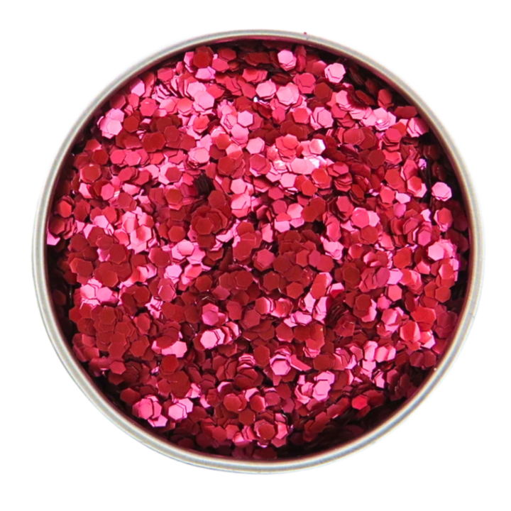 blush red chunky eco glitter in a round aluminium pot.