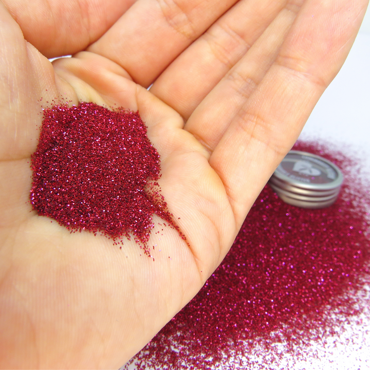 Red fine biodegradable glitter for halloween makeup and Christmas makeup an crafting.