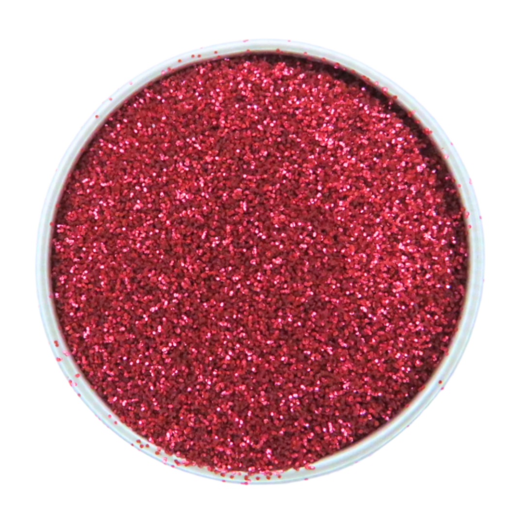 Blush red fine eco friendly glitter in a round aluminium tin.