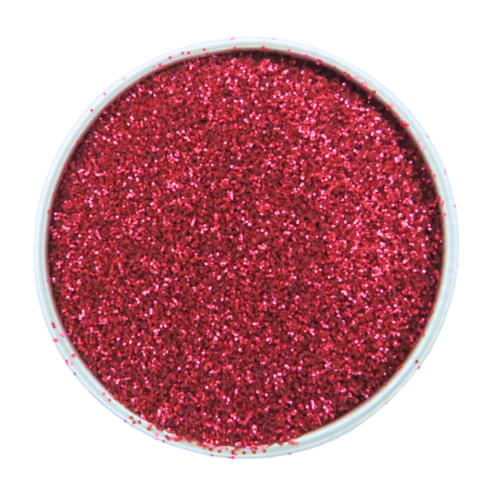 Blush red fine eco friendly glitter in a round aluminium tin.