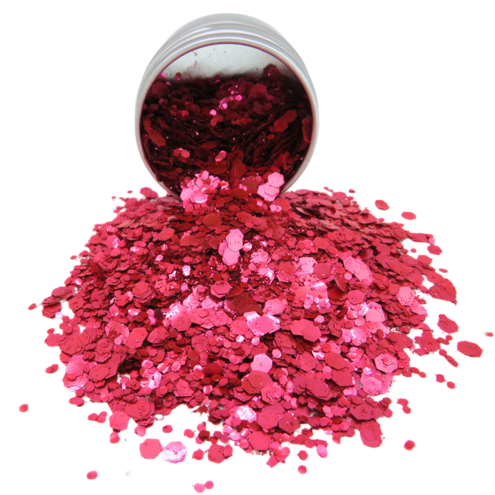 Blush red blend of biodegradable cosmetic glitter for use on your hair, face, body and nails.