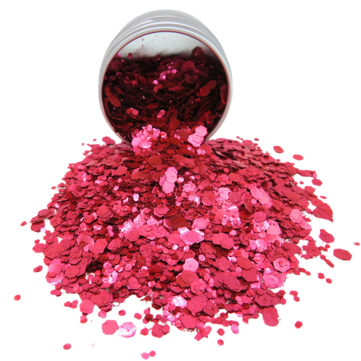 Blush red blend of biodegradable cosmetic glitter for use on your hair, face, body and nails.