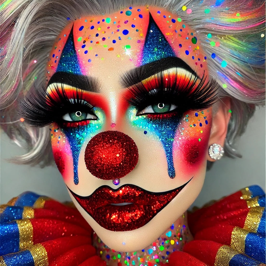 A bright and bold glitter clown makeup look for halloween