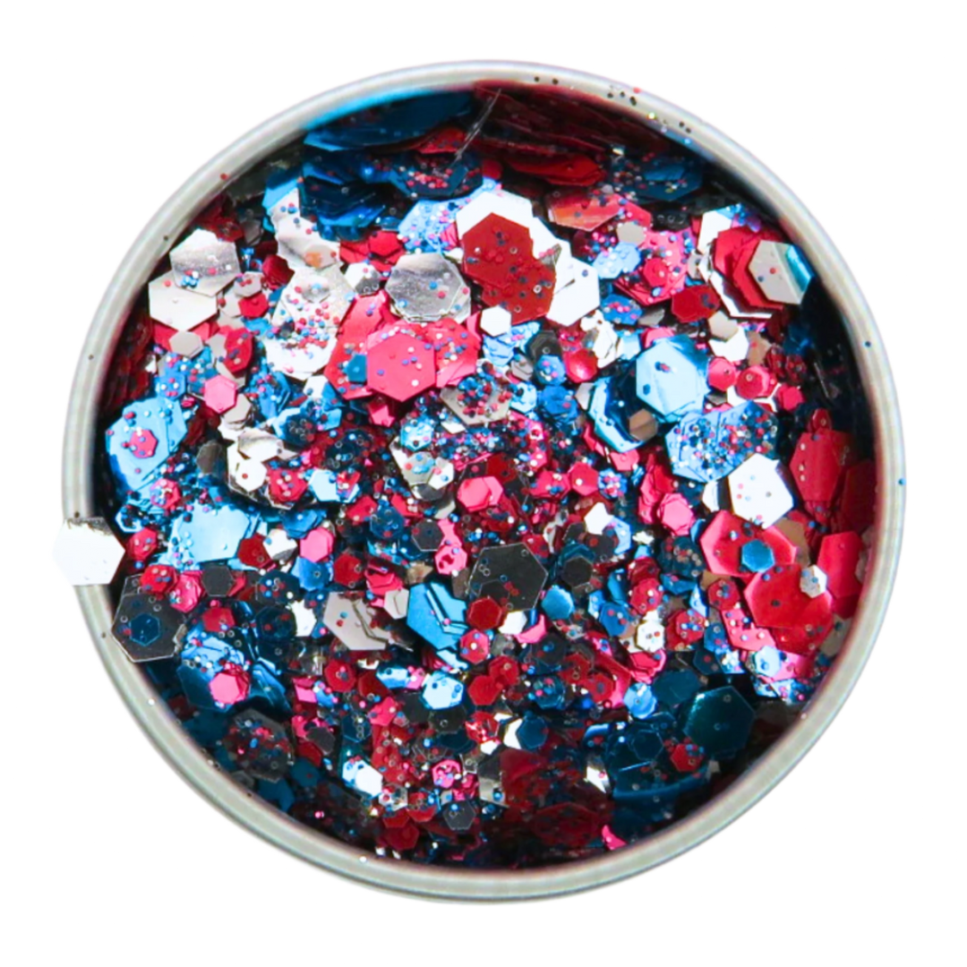 Britannia Bling red, blue and silver eco friendly glitter. A patriotic blend of fine, chunky and super chunky eco friendly glitter for makeup and crafting. 