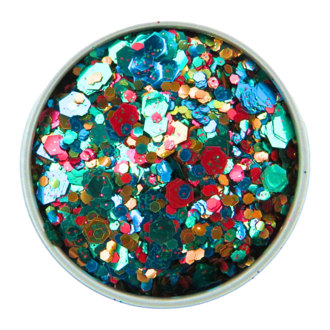 Chameleon blend of green, blue, red, gold and orange eco friendly glitter all mixed together for a beautiful blend.