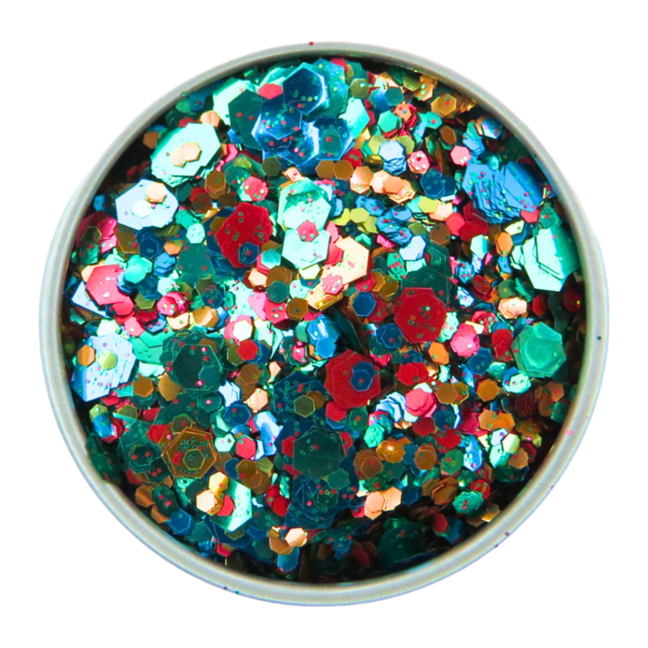 Chameleon blend of green, blue, red, gold and orange eco friendly glitter all mixed together for a beautiful blend.