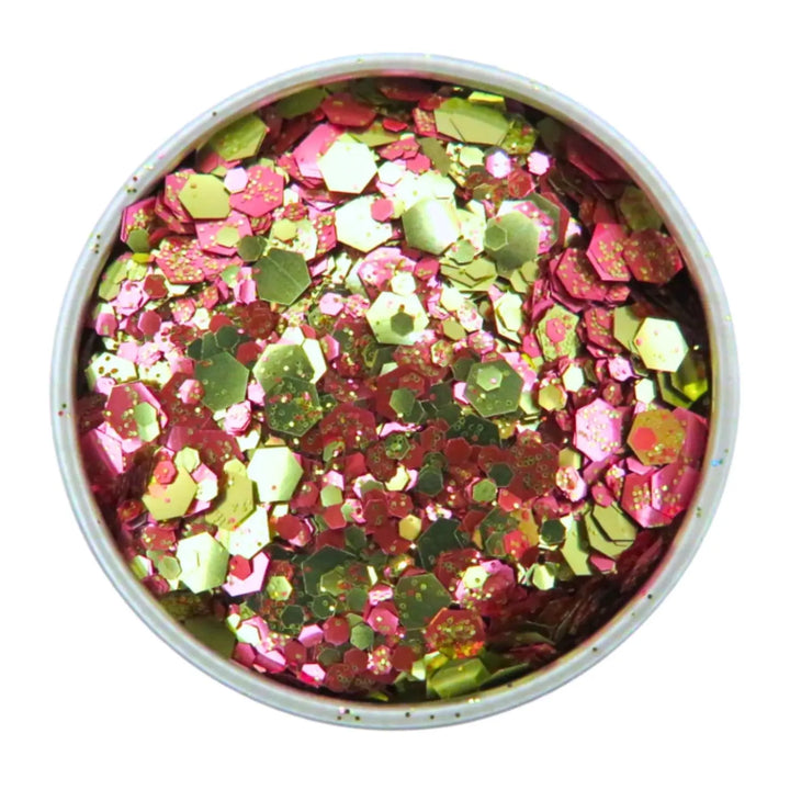 Champagne blend of gold and rose pink eco friendly glitter. Loose glitter in a round 6 gram aluminium pot.