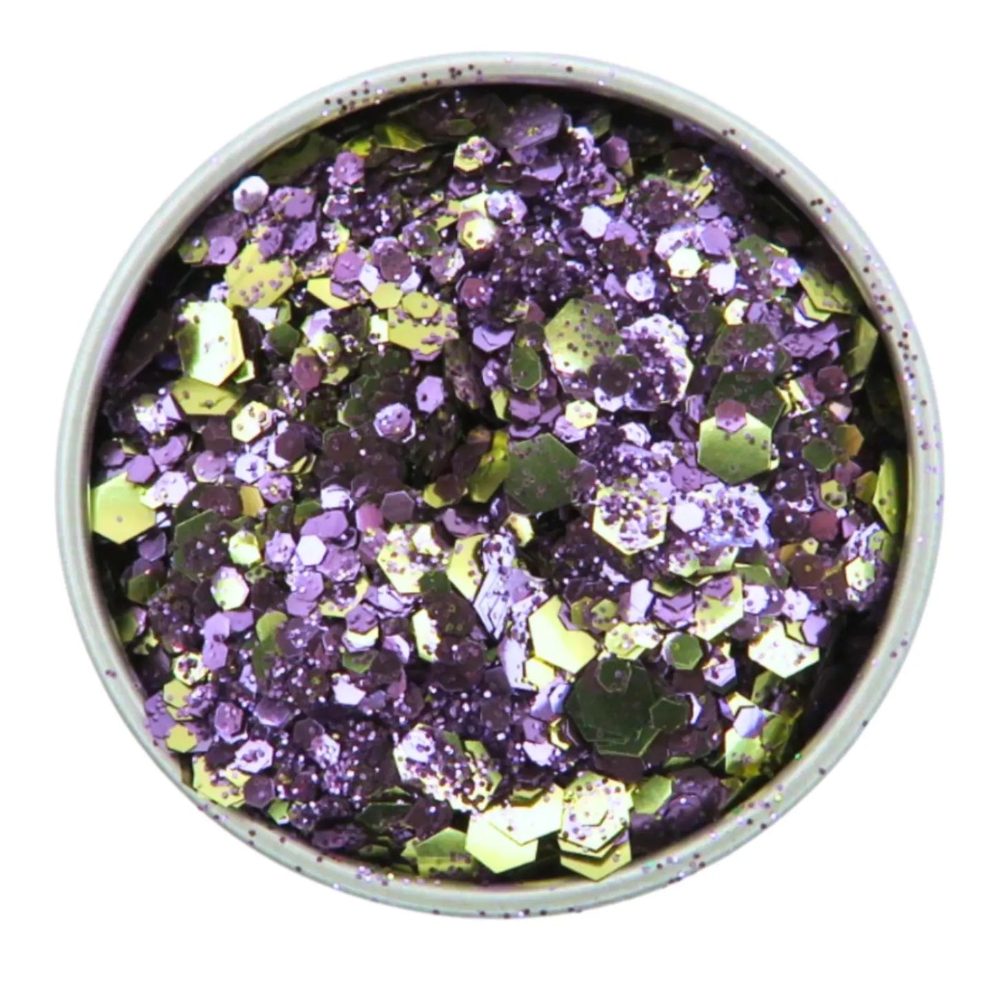 Charm blend of purple and gold eco friendly glitter in a 6 gram aluminium pot