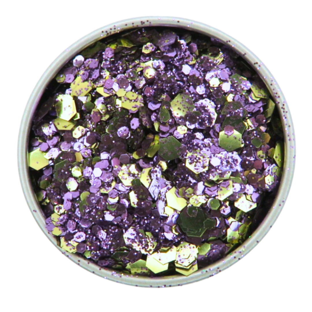 Charm blend of purple and gold eco friendly glitter in a 6 gram aluminium pot