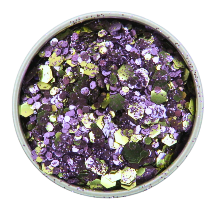 Charm blend of purple and gold eco friendly glitter in a 6 gram aluminium pot