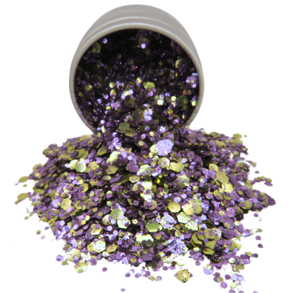 Charm blend of purple and gold eco friendly glitter spilling out of a 10ml aluminium pot.