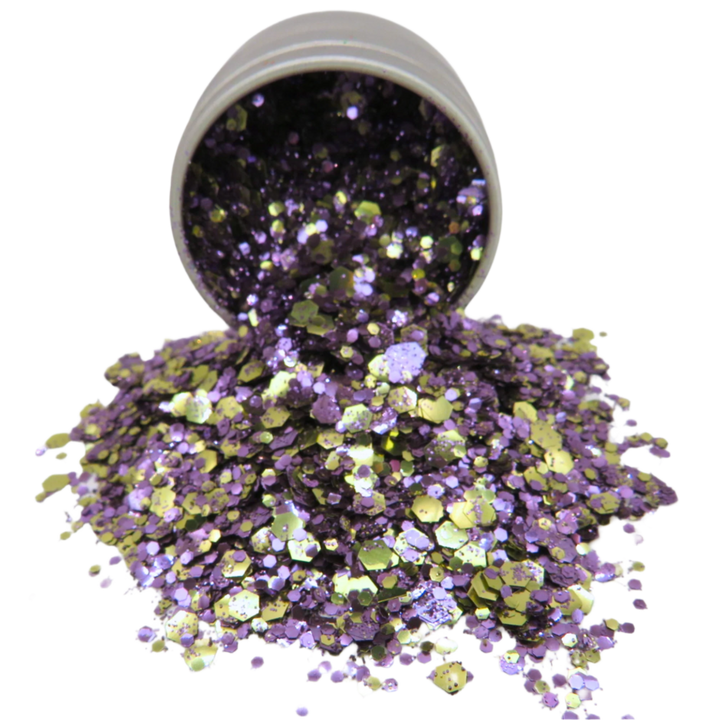 Charm blend of purple and gold eco friendly glitter spilling out of a 10ml aluminium pot.