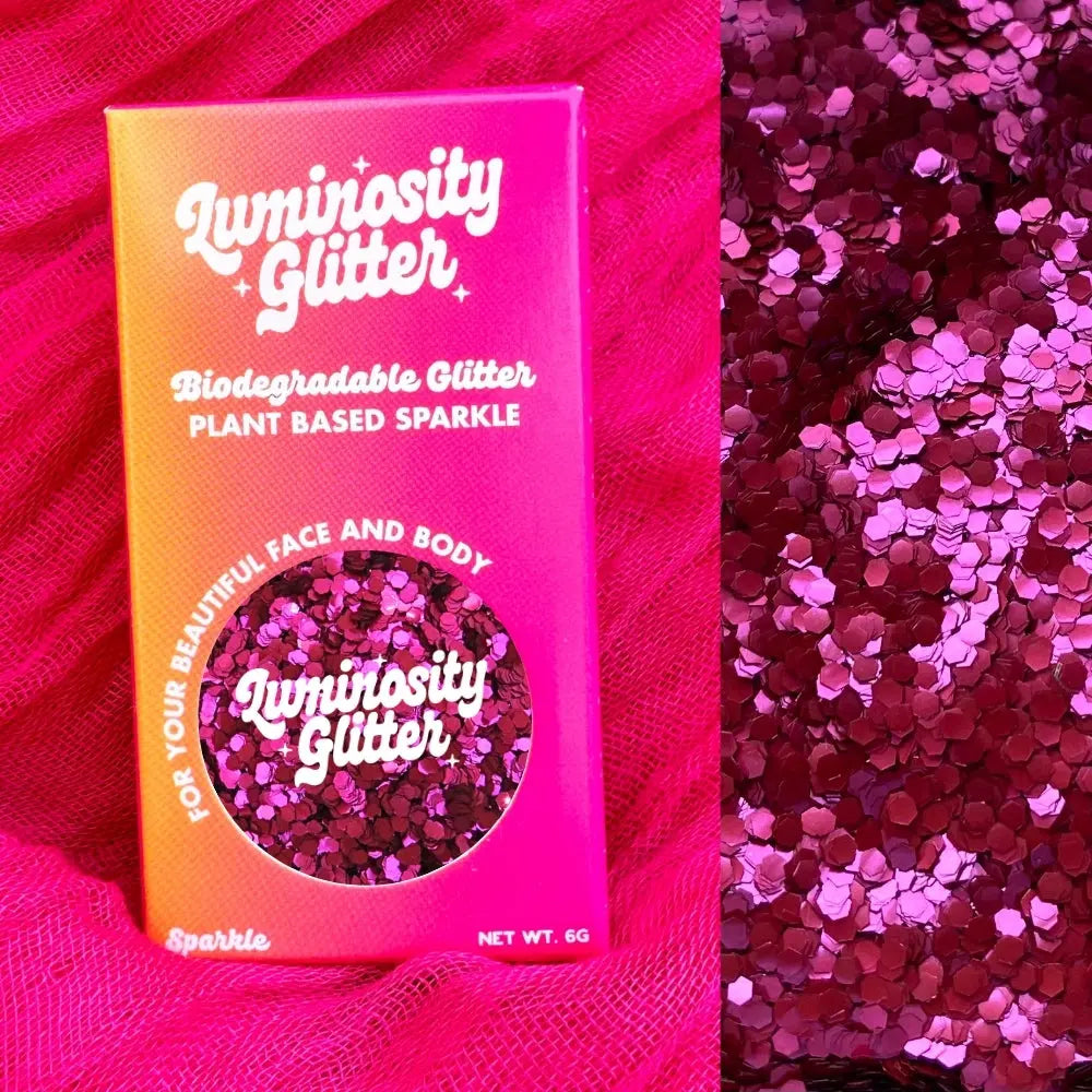 chunky biodegradable glitter in a fun magenta sized. Eco friendly cosmetic grade glitter.