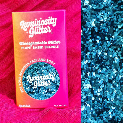 Chunky sky blue biodegradable glitter in a fun sized 6 gram aluminium pot.