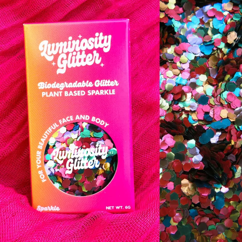 Super chunky rainbow eco glitter in a pink and orange ombre box