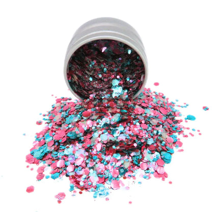 Cotton candy delight biodegradable glitter mix of turquoise, rose pink and soft pink shimmery glitter.