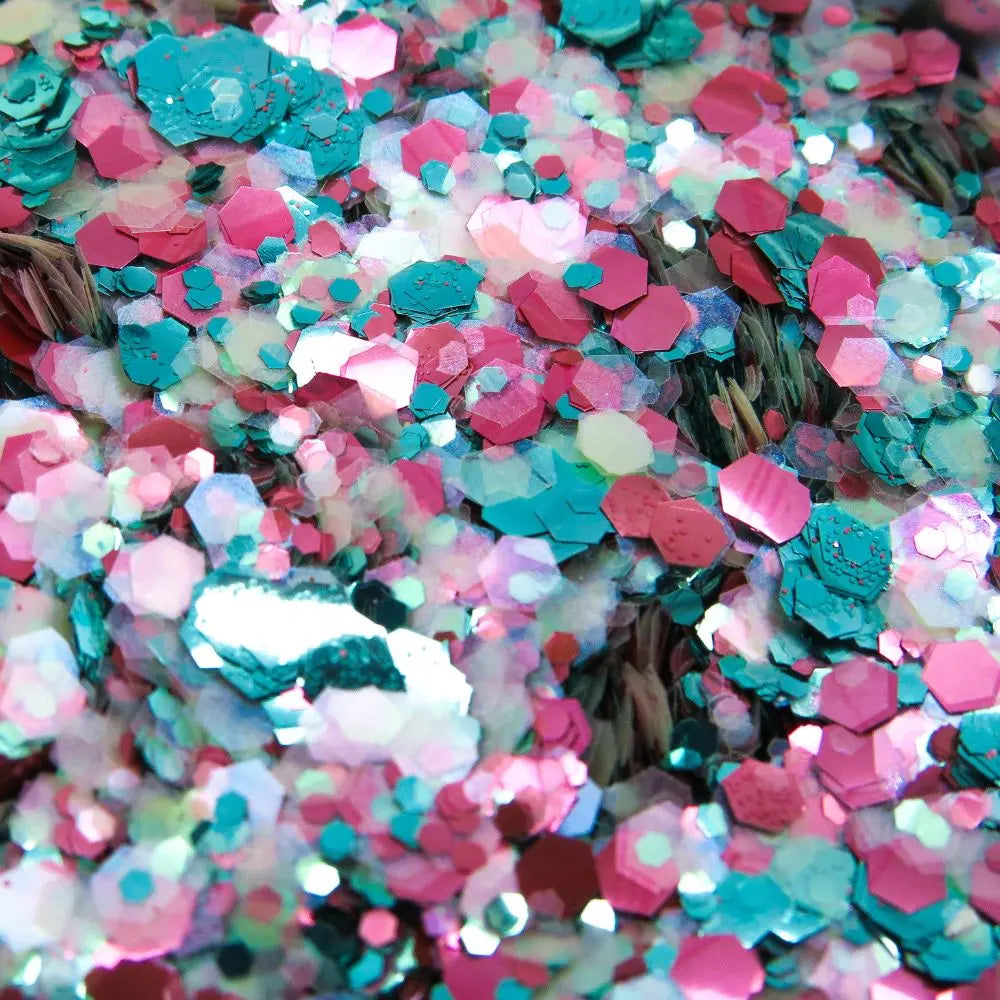 Cotton Candy Delight blend of turquoise, rose pink and soft rose biodegradable glitter made from plants. Cosmetic grade glitter.