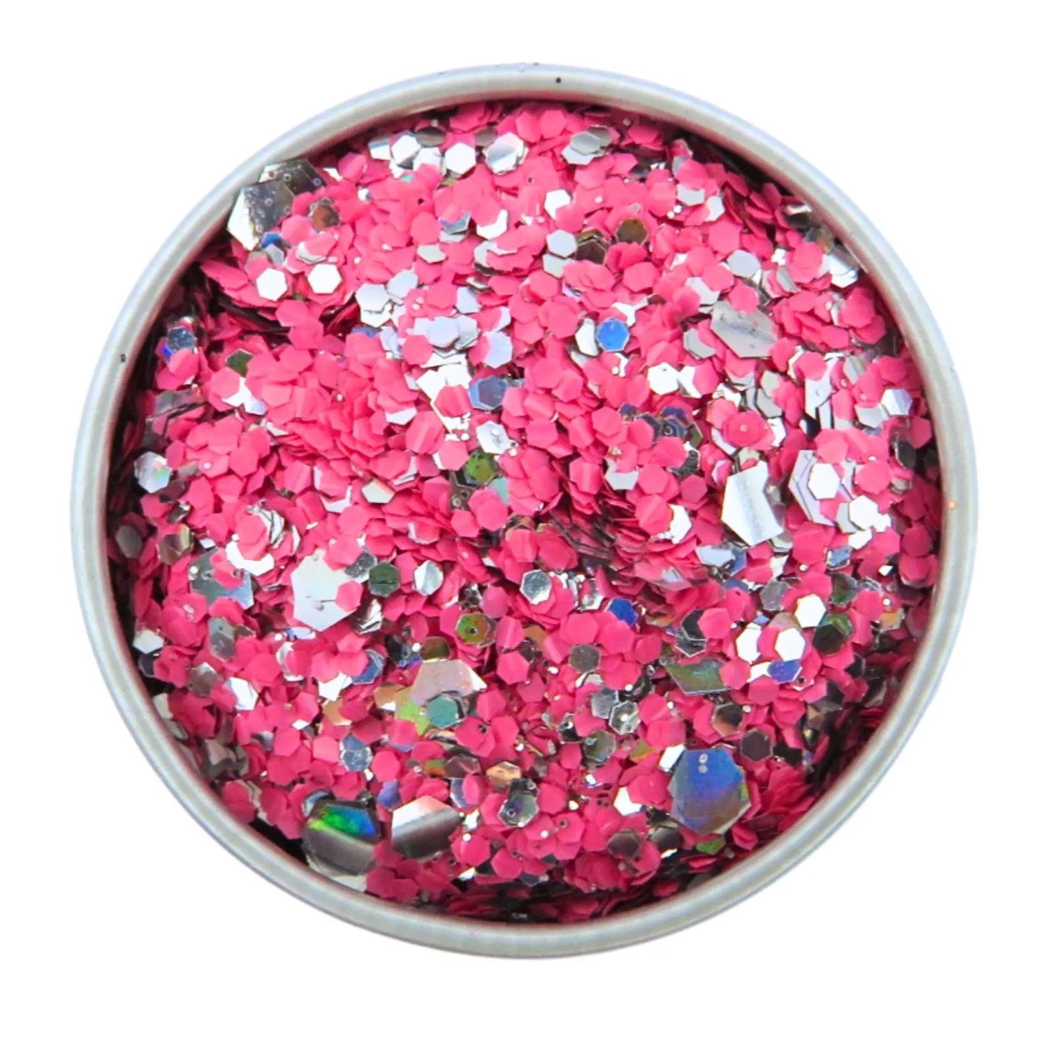 Disco Mingo eco glitter mix is made up with opaque hot pink chunky glitter and holographic silver in fine, chunky and super chunky sizing.