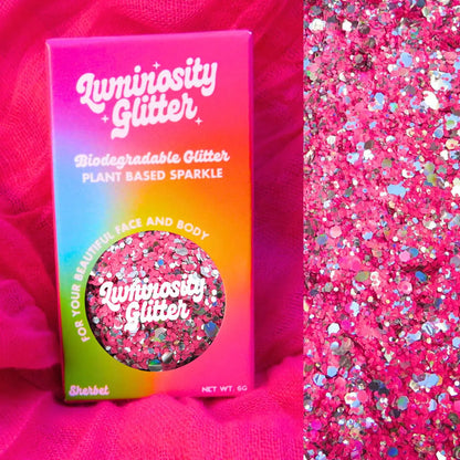 Disco Mingo mix of hot pink and silver holographic eco friendly cosmetic grade glitter.