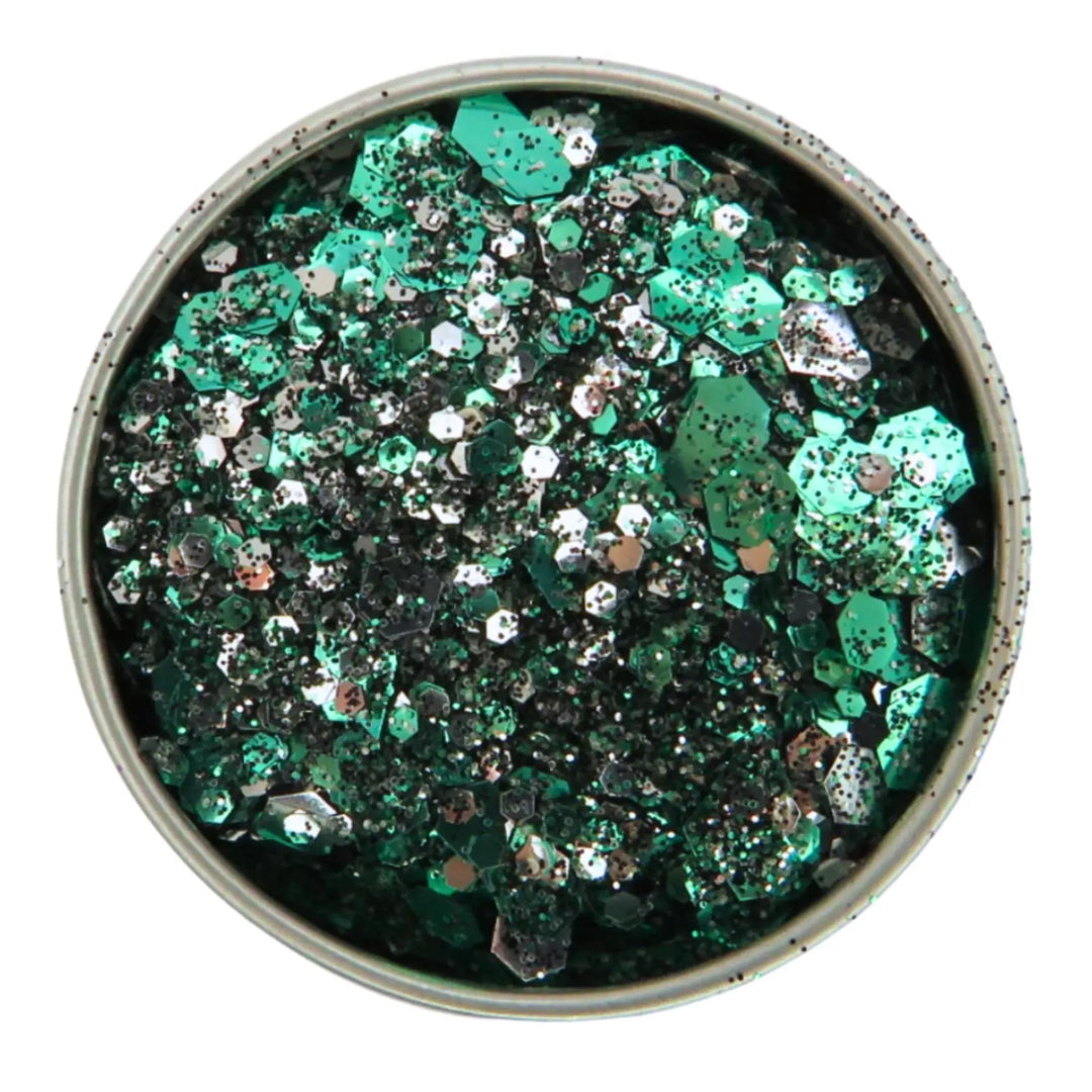 Disco Zombie blend of green, silver and black eco friendly cosmetic glitter in a 6g aluminium pot.