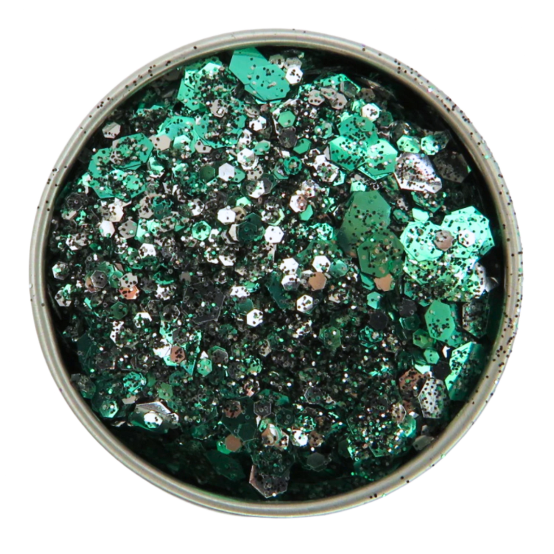 Disco Zombie blend of green, silver and black eco friendly cosmetic glitter in a 6g aluminium pot.