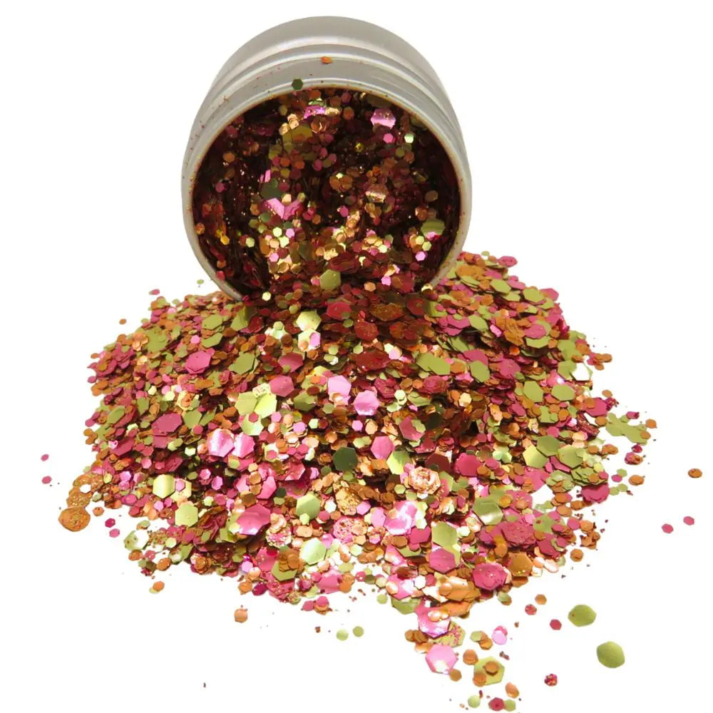 Diva blend biodegradable glitter in shades of pink, gold, and orange, shown in its eco-friendly packaging box for safe, sustainable crafting and makeup.